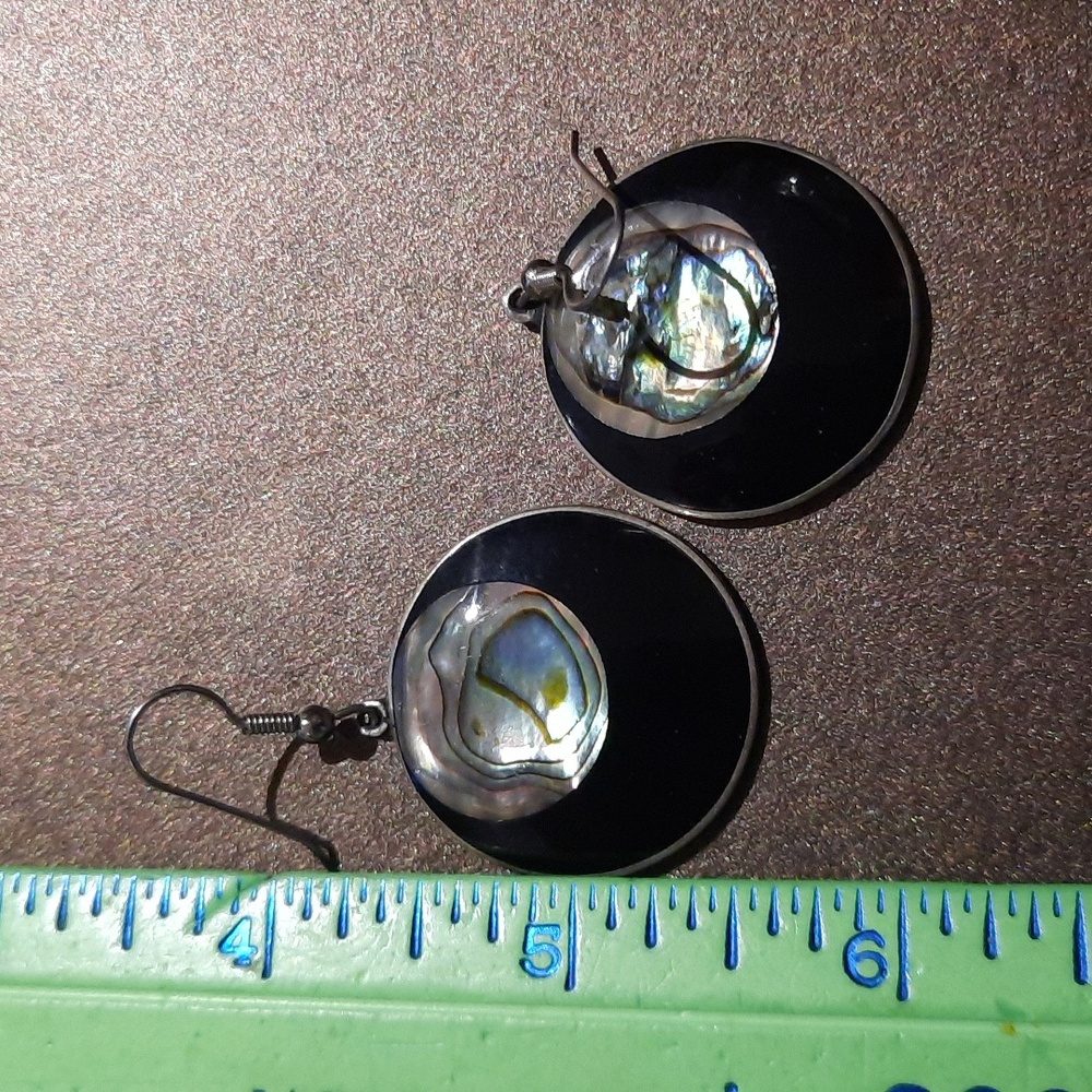 GENUINE AUTHENTIC SOLID STERLING SILVER ONYX ABALONE Large Drop Earrings MEXICO